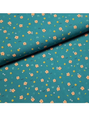 Tissu, Cretonne de Coton Fleurie, Vert Canard, Laize 150 cm, 100% Coton