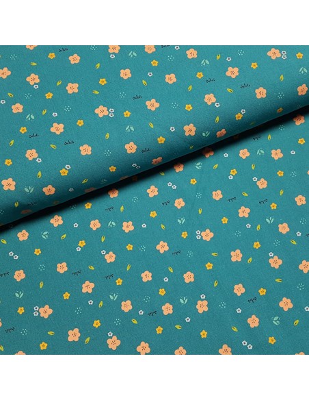 Tissu, Cretonne de Coton Fleurie, Vert Canard, Laize 150 cm, 100% Coton