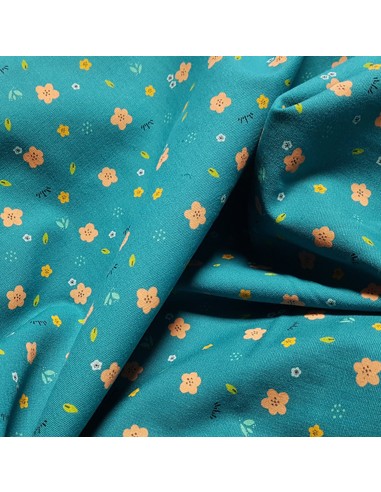 Tissu, Cretonne de Coton Fleurie, Vert Canard, Laize 150 cm, 100% Coton