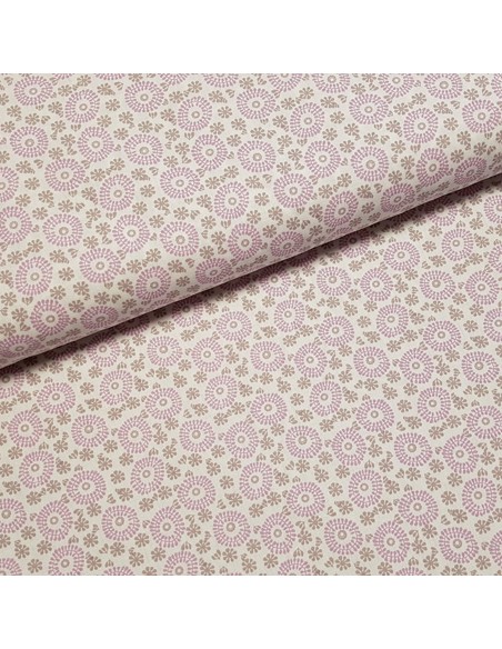 Tissu, Cretonne de Coton Coquillages, Roses et Gris, Laize 150 cm, 100% Coton