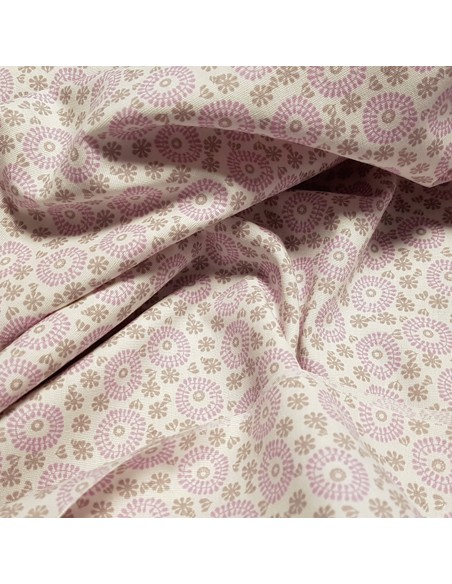 Tissu, Cretonne de Coton Coquillages, Roses et Gris, Laize 150 cm, 100% Coton