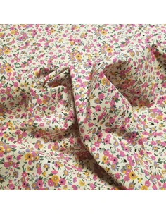Tissu, Popeline de Coton Fleurie, Fleurs Multicolores sur Fond Beige, Laize 150 cm, 100% Coton 93g/m² 2