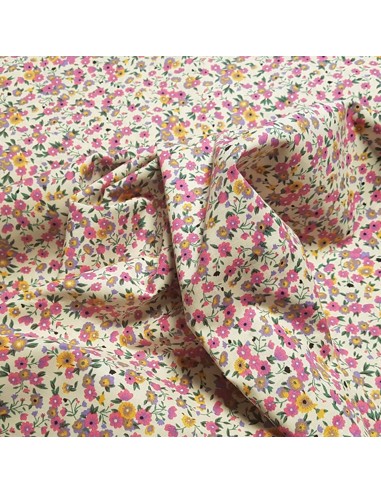 Tissu, Popeline de Coton Fleurie, Fleurs Multicolores sur Fond Beige, Laize 150 cm, 100% Coton 93g/m²