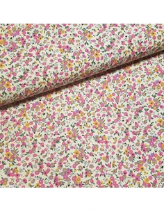 Tissu, Popeline de Coton Fleurie, Fleurs Multicolores sur Fond Beige, Laize 150 cm, 100% Coton 93g/m²