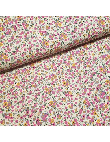 Tissu, Popeline de Coton Fleurie, Fleurs Multicolores sur Fond Beige, Laize 150 cm, 100% Coton 93g/m²
