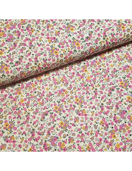Tissu, Popeline de Coton Fleurie, Fleurs Multicolores sur Fond Beige, Laize 150 cm, 100% Coton 93g/m²