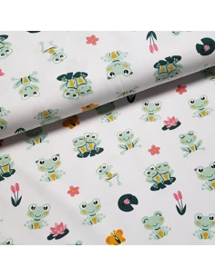Tissu, Jersey de Coton Imprimé Grenouilles, Blanc Doux & Vert Nature, Laize 150 cm, Coton Stretch Oeko-Tex Bio