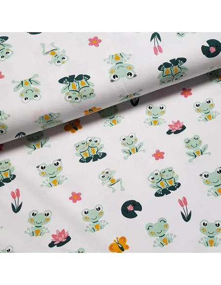 Tissu, Jersey de Coton Imprimé Grenouilles, Blanc Doux & Vert Nature, Laize 150 cm, Coton Stretch Oeko-Tex Bio