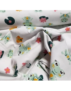 Tissu, Jersey de Coton Imprimé Grenouilles, Blanc Doux & Vert Nature, Laize 150 cm, Coton Stretch Oeko-Tex Bio 2