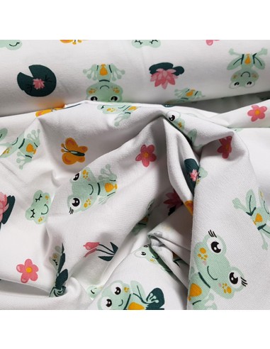 Tissu, Jersey de Coton Imprimé Grenouilles, Blanc Doux & Vert Nature, Laize 150 cm, Coton Stretch Oeko-Tex Bio