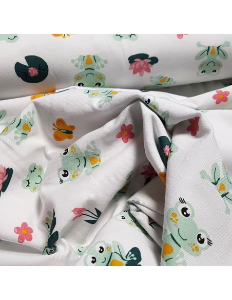 Tissu, Jersey de Coton Imprimé Grenouilles, Blanc Doux & Vert Nature, Laize 150 cm, Coton Stretch Oeko-Tex Bio