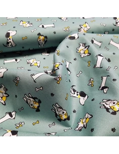 Tissu, Popeline de Coton Chiens Mignons, Vert Émeraude, Laize 150 cm, 100% Coton 130g/m² 2