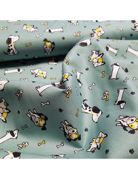 Tissu, Popeline de Coton Chiens Mignons, Vert Émeraude, Laize 150 cm, 100% Coton 130g/m²