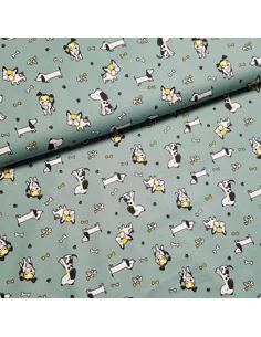 Tissu, Popeline de Coton Chiens Mignons, Vert Émeraude, Laize 150 cm, 100% Coton 130g/m²