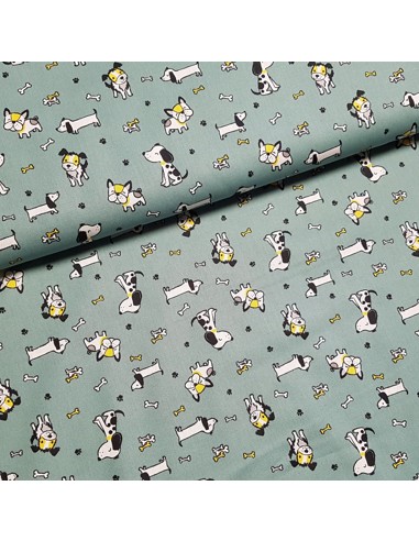 Tissu, Popeline de Coton Chiens Mignons, Vert Émeraude, Laize 150 cm, 100% Coton 130g/m²