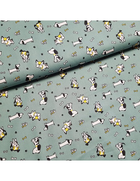 Tissu, Popeline de Coton Chiens Mignons, Vert Émeraude, Laize 150 cm, 100% Coton 130g/m²