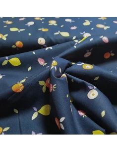 Tissu, Popeline de Coton Fruits Lurex, Bleu Marine, Laize 150 cm, 100% Coton 192g/ml 2