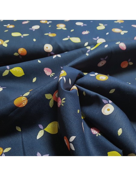 Tissu, Popeline de Coton Fruits Lurex, Bleu Marine, Laize 150 cm, 100% Coton 192g/ml
