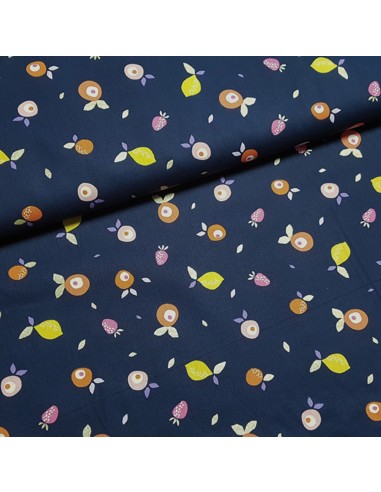 Tissu, Popeline de Coton Fruits Lurex, Bleu Marine, Laize 150 cm, 100% Coton 192g/ml