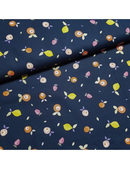 Tissu, Popeline de Coton Fruits Lurex, Bleu Marine, Laize 150 cm, 100% Coton 192g/ml