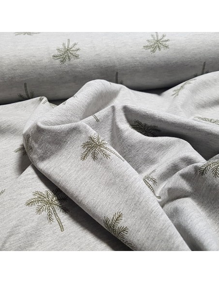 Tissu, Jersey de Coton Imprimé Palmiers, Gris Chiné Tropical, Laize 150 cm, Coton Stretch Oeko-Tex