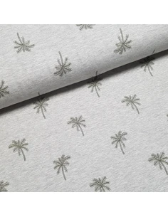 Tissu, Jersey de Coton Imprimé Palmiers, Gris Chiné Tropical, Laize 150 cm, Coton Stretch Oeko-Tex
