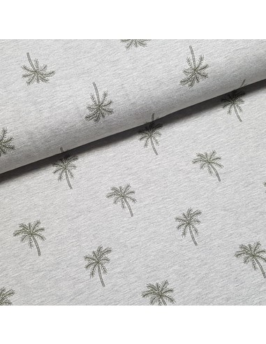 Tissu, Jersey de Coton Imprimé Palmiers, Gris Chiné Tropical, Laize 150 cm, Coton Stretch Oeko-Tex