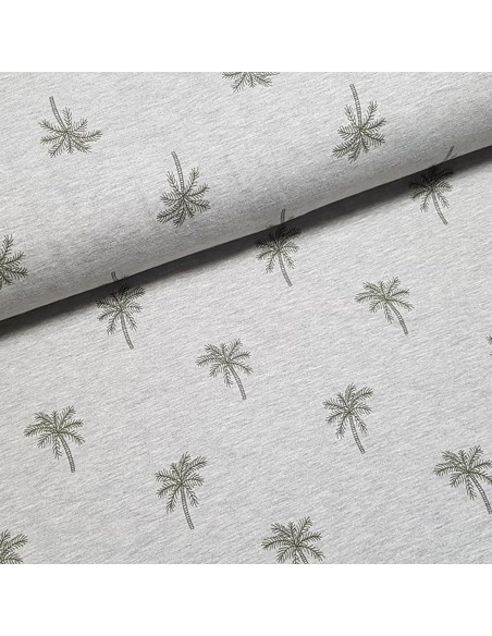Tissu, Jersey de Coton Imprimé Palmiers, Gris Chiné Tropical, Laize 150 cm, Coton Stretch Oeko-Tex