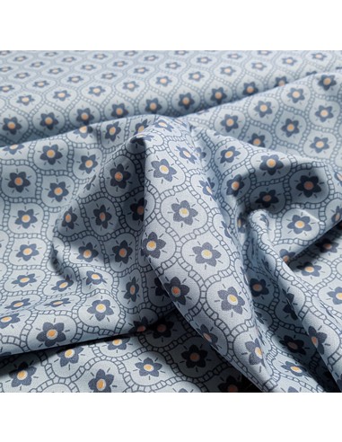 Tissu, Popeline de Coton Fleurie, Bleu Jean, Laize 150 cm, 100% Coton 195g/ml