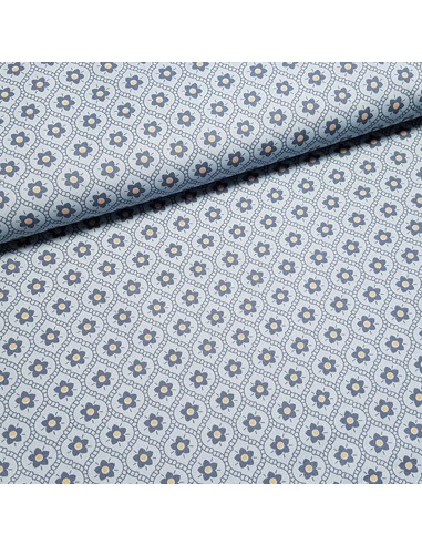 Tissu, Popeline de Coton Fleurie, Bleu Jean, Laize 150 cm, 100% Coton 195g/ml