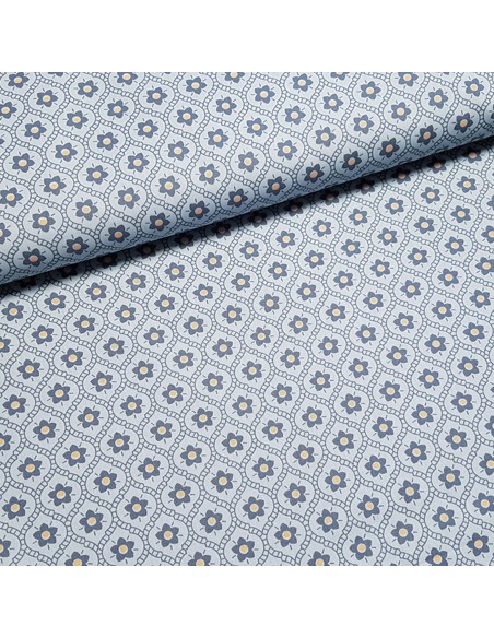 Tissu, Popeline de Coton Fleurie, Bleu Jean, Laize 150 cm, 100% Coton 195g/ml