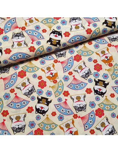 Tissu, Popeline de Coton Japonisante, Fond Beige, Laize 150 cm, 100% Coton 140g/m²