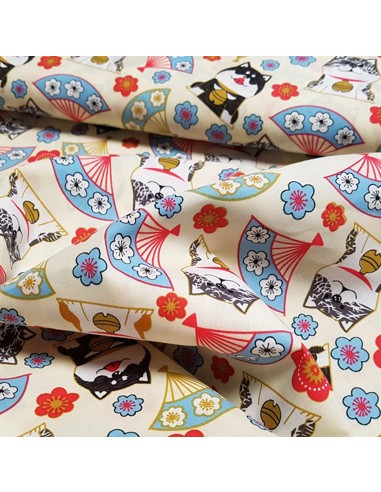 Tissu, Popeline de Coton Japonisante, Fond Beige, Laize 150 cm, 100% Coton 140g/m²