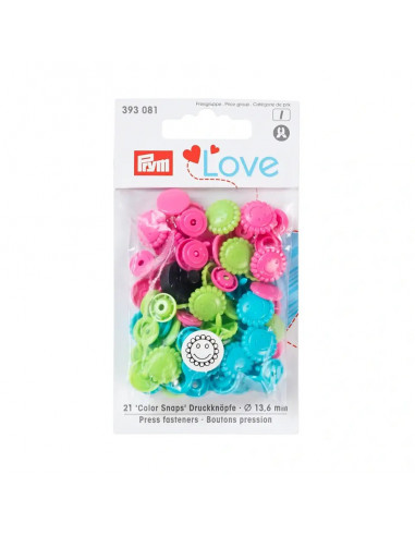 Bouton pression Color, Prym Love, fleur, 13,6mm, turquoise/vert/rose vif
