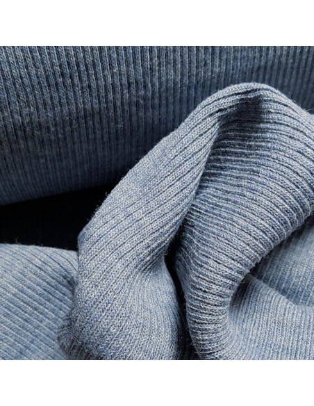 Tissu, Jersey Côtelé Uni, Bleu, Laize 90 cm (tubulaire 45 cm), Coton Stretch