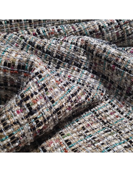 Tissu, Style Chanel, Multi Couleurs Vert Noir, Laize 140 cm, Coton Polyester Viscose