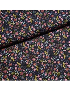 Tissu, Popeline de Coton Fleurie Digitale, Marine, Laize 150 cm, 100% Coton 161g/m²