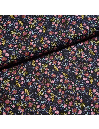 Tissu, Popeline de Coton Fleurie Digitale, Marine, Laize 150 cm, 100% Coton 161g/m²