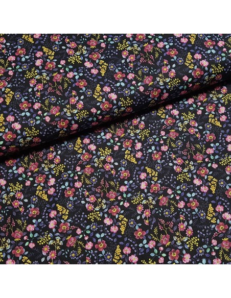 Tissu, Popeline de Coton Fleurie Digitale, Marine, Laize 150 cm, 100% Coton 161g/m²