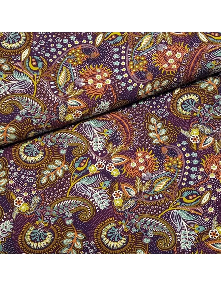 Tissu, Viscose Imprimée Motif Feuilles, Multicolore, Laize 142 cm, 100% Viscose 154g/m²