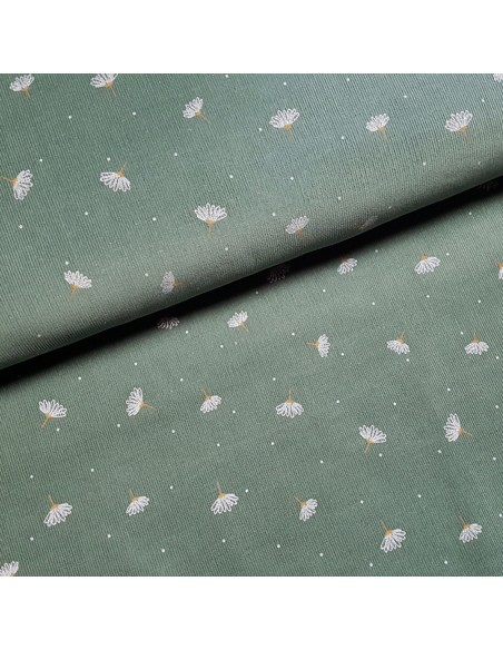 Tissu, Velours Milleraies Fleuri, Vert Sauge, Laize 145 cm, 100% Coton