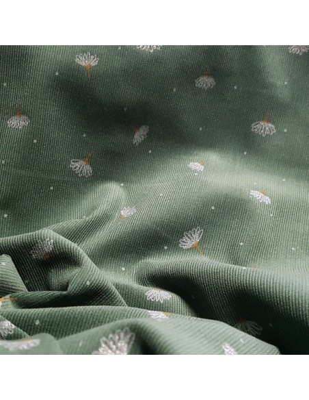 Tissu, Velours Milleraies Fleuri, Vert Sauge, Laize 145 cm, 100% Coton