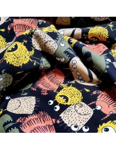 Tissu, French Terry Imprimé Monstres Rigolos, Noir, Laize 150 cm, Coton Stretch Oeko-Tex 2