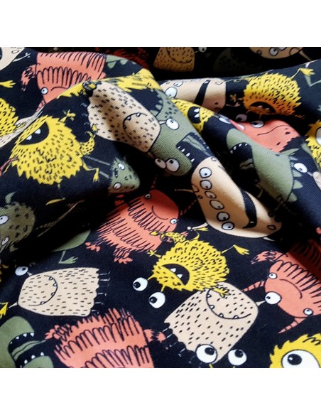 Tissu, French Terry Imprimé Monstres Rigolos, Noir, Laize 150 cm, Coton Stretch Oeko-Tex