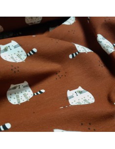 Tissu, French Terry Imprimé Chats Mignons, Terracotta Cute Animals, Laize 140 cm, Coton Stretch Oeko-Tex 2