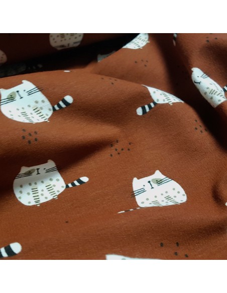 Tissu, French Terry Imprimé Chats Mignons, Terracotta Cute Animals, Laize 140 cm, Coton Stretch Oeko-Tex