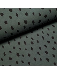 Tissu, French Terry Points Peints, Vert Kaki, Laize 150 cm, Coton Stretch Oeko-Tex Bio