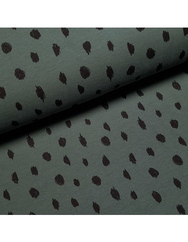 Tissu, French Terry Points Peints, Vert Kaki, Laize 150 cm, Coton Stretch Oeko-Tex Bio