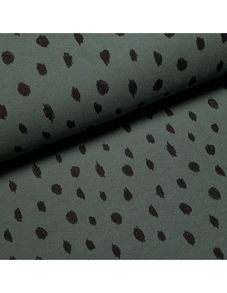 Tissu, French Terry Points Peints, Vert Kaki, Laize 150 cm, Coton Stretch Oeko-Tex Bio