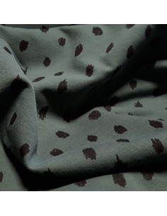 Tissu, French Terry Points Peints, Vert Kaki, Laize 150 cm, Coton Stretch Oeko-Tex Bio 2
